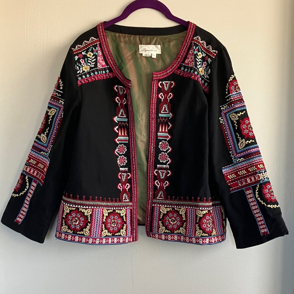 Anthropologie Black Jacket with Multicolor Embroidery